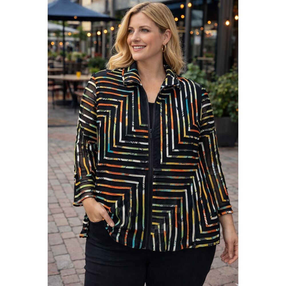 Damee Inc Mesh Blazer Size Large Black Geometric Piped Jacket